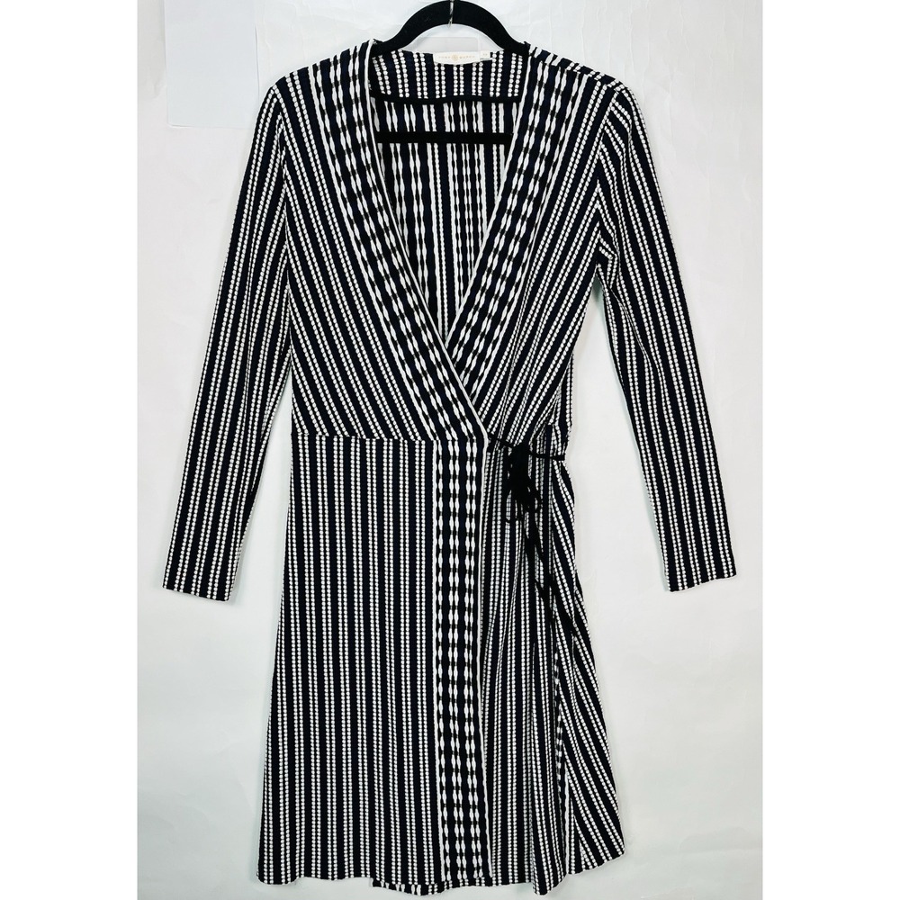 Tory Burch Navy Oxford Stripe Jacquard‎ Wrap Dress Women's Size S Luxury Chic